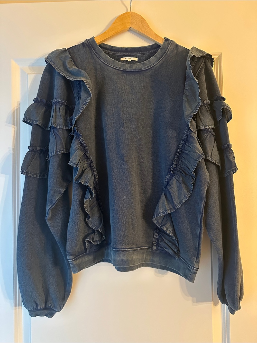 Tularosa Ruffled Washed Denim-Blue Sweatshirt Top